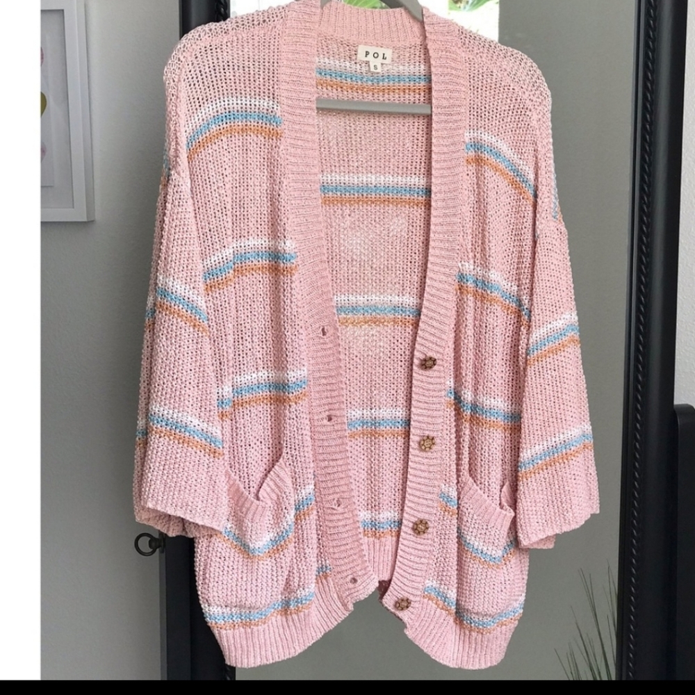 BNWOT POL Oversized Pink Striped Cardigan. - Picture 1 of 16